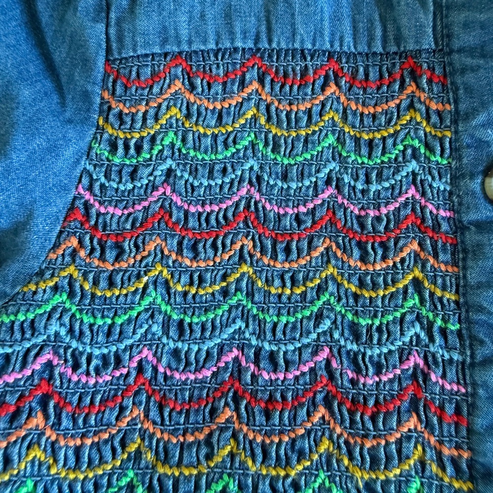 Mini Boden Blue Denim Dress with Rainbow Smocking - Picture 2 of 3